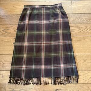 Vintage Plaid Wool Blend Fringe Midi Skirt 18W Brown Green Red Preppy Western